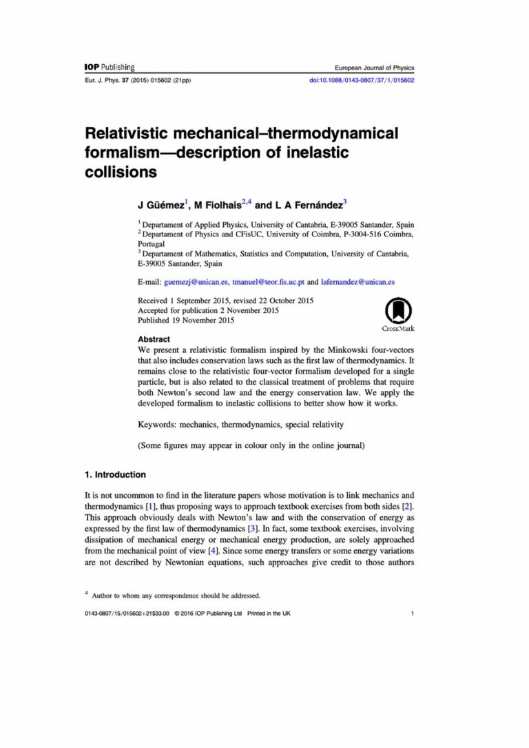 Primera página del artículo «Relativistic mechanical–thermodynamical formalism—description of inelastic collisions»