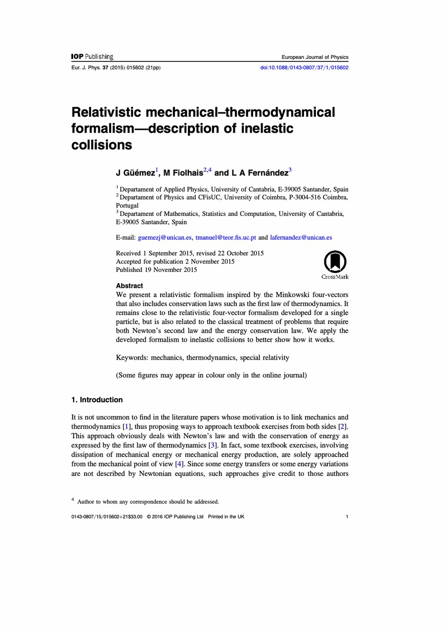 Primera página del artículo «Relativistic mechanical–thermodynamical formalism—description of inelastic collisions»