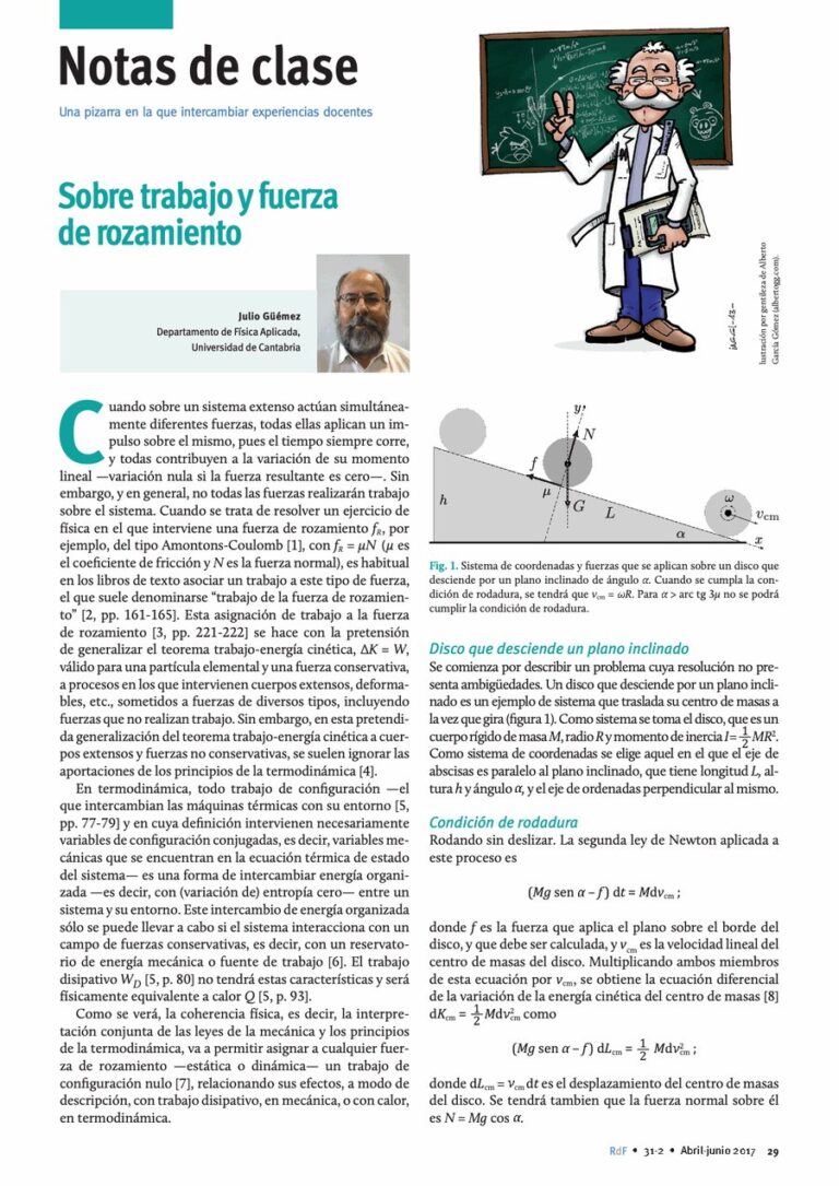 Primera página del artículo «Notas de clase. Sobre trabajo y fuerza de rozamiento»