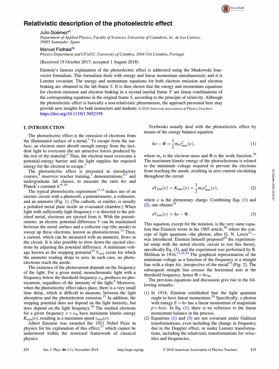 Primera página del artículo «Relativistic description of the photoelectric effect»