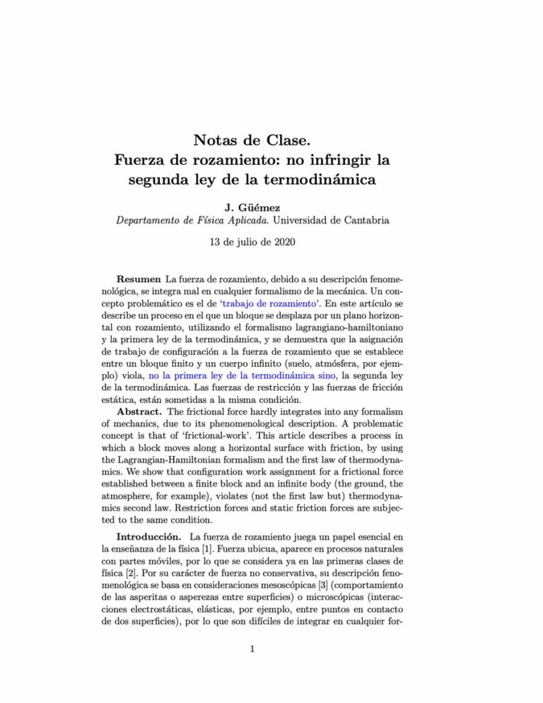 Primera página del artículo «Notas de clase. Fuerza de rozamiento: no infringir la segunda ley de la termodinámica»