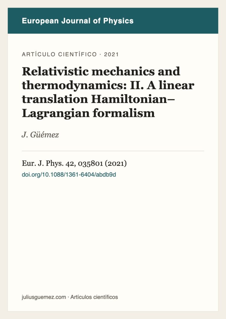Ficha del artículo «Relativistic mechanics and thermodynamics: II. A linear translation Hamiltonian–Lagrangian formalism»