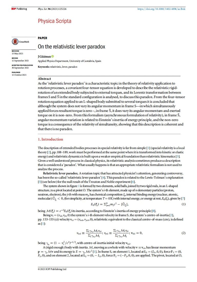 Primera página del artículo «On the relativistic lever paradox»