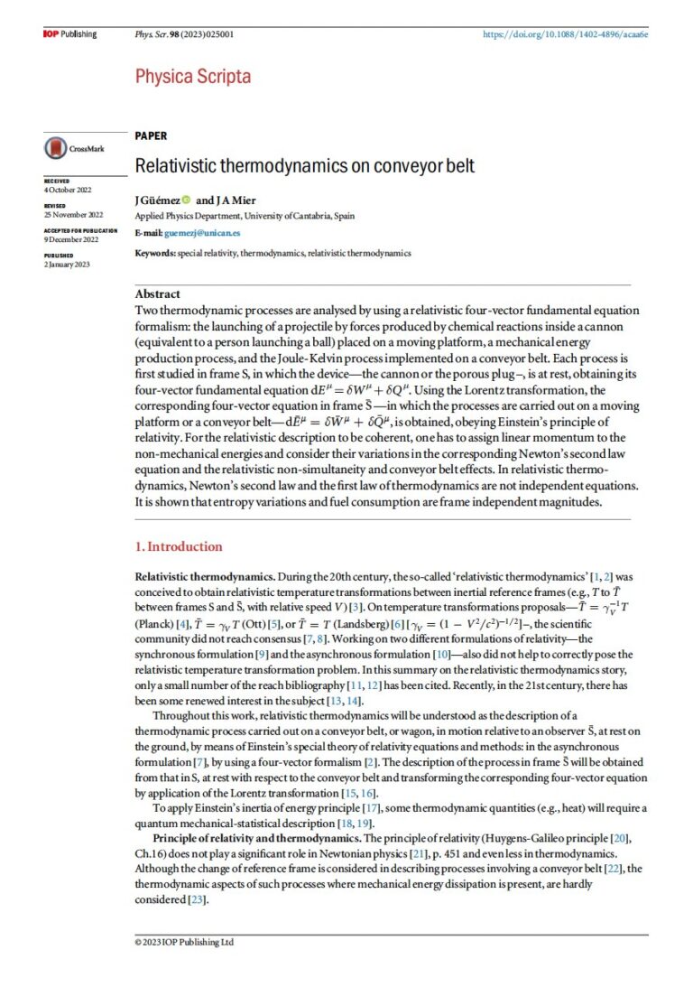 Primera página del artículo «Relativistic thermodynamics on conveyor belt»