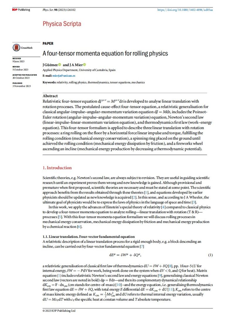 Primera página del artículo «A four-tensor momenta equation for rolling physics»