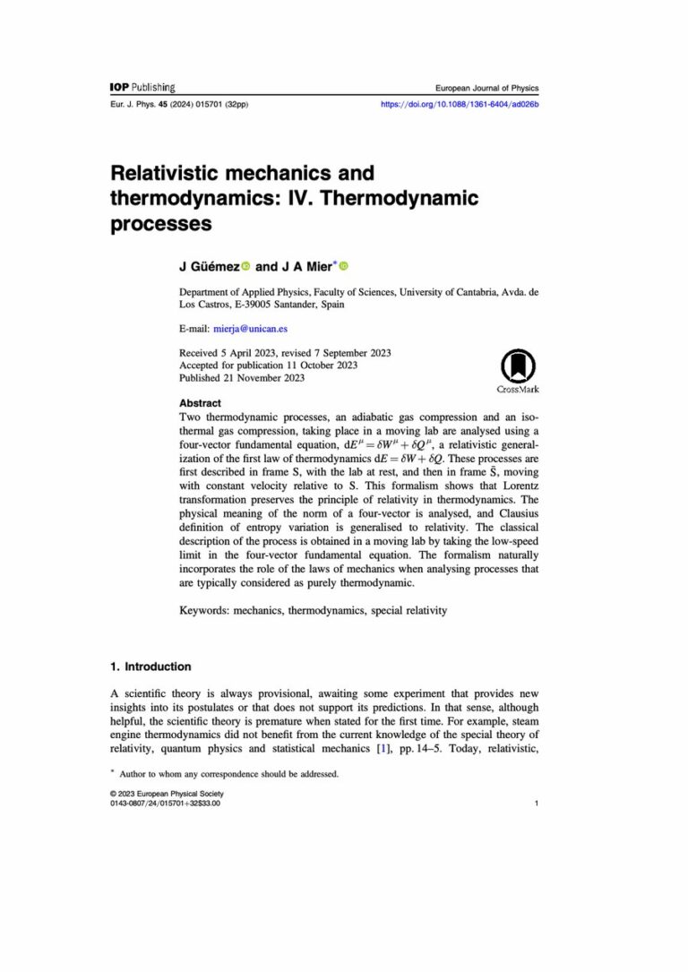 Primera página del artículo «Relativistic mechanics and thermodynamics: IV. Thermodynamic processes»