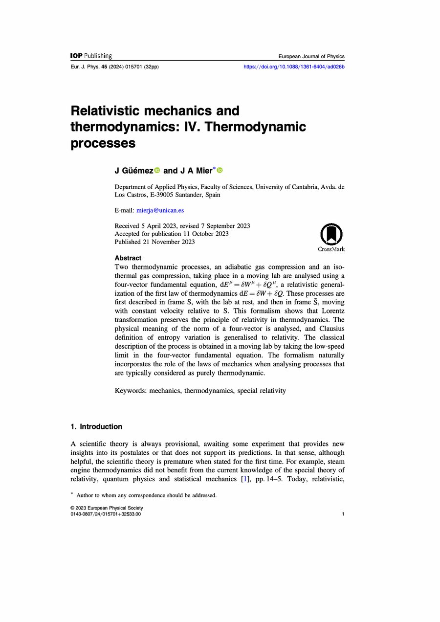 Primera página del artículo «Relativistic mechanics and thermodynamics: IV. Thermodynamic processes»