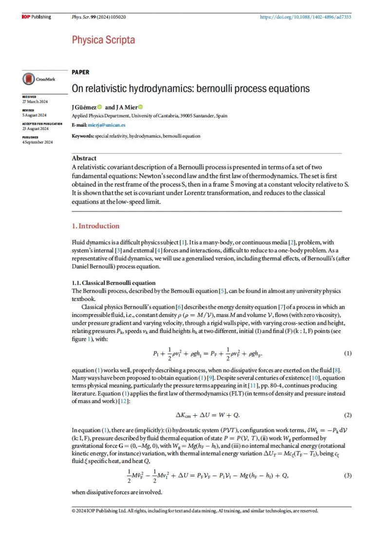 Primera página del artículo «On relativistic hydrodynamics: Bernoulli process equations»