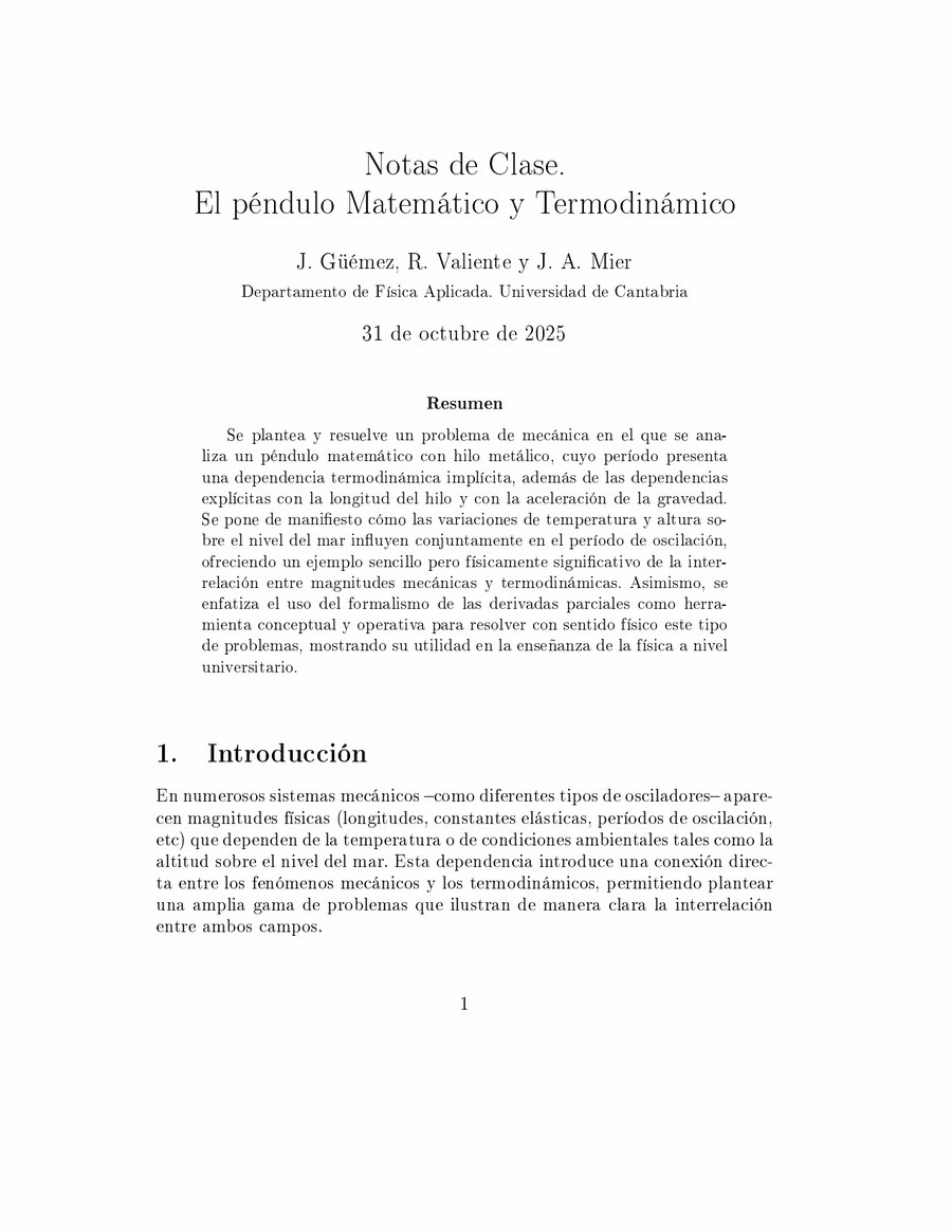 Primera página del artículo «Notas de clase. El péndulo matemático y termodinámico»