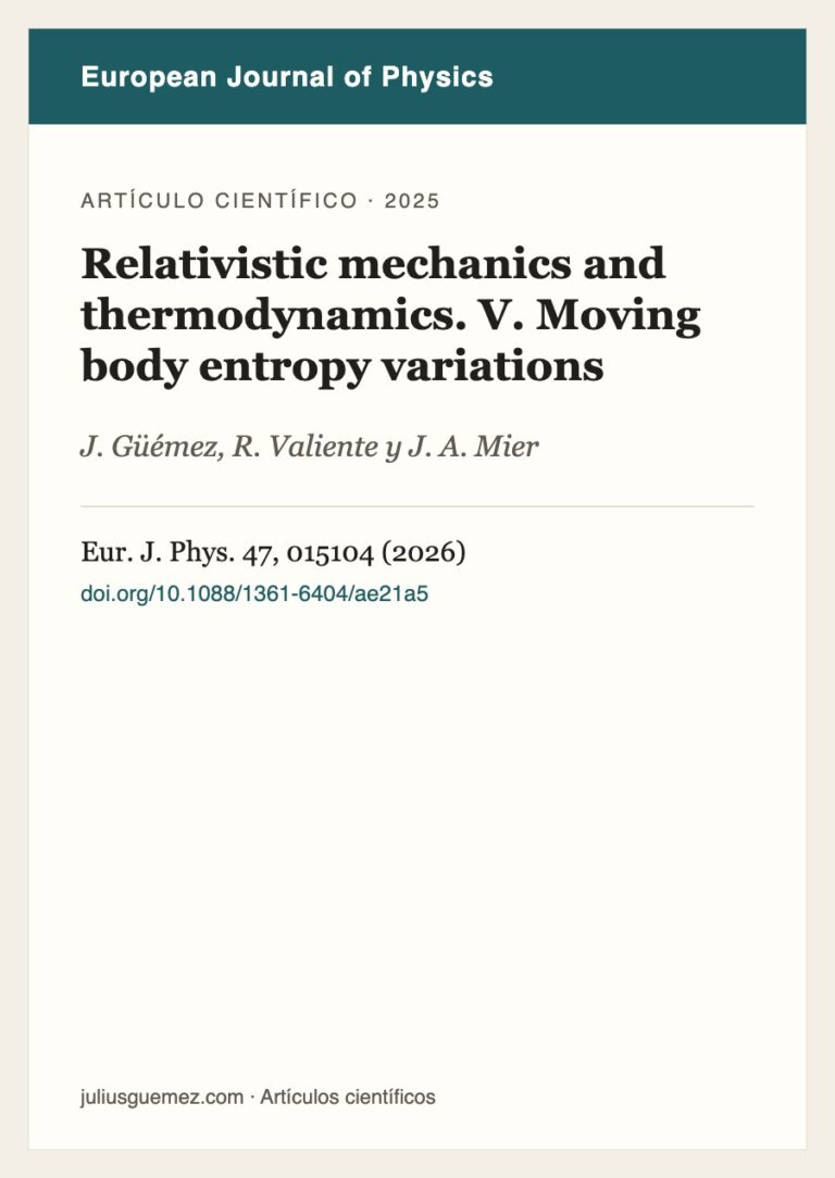 Ficha del artículo «Relativistic mechanics and thermodynamics. V. Moving body entropy variations»