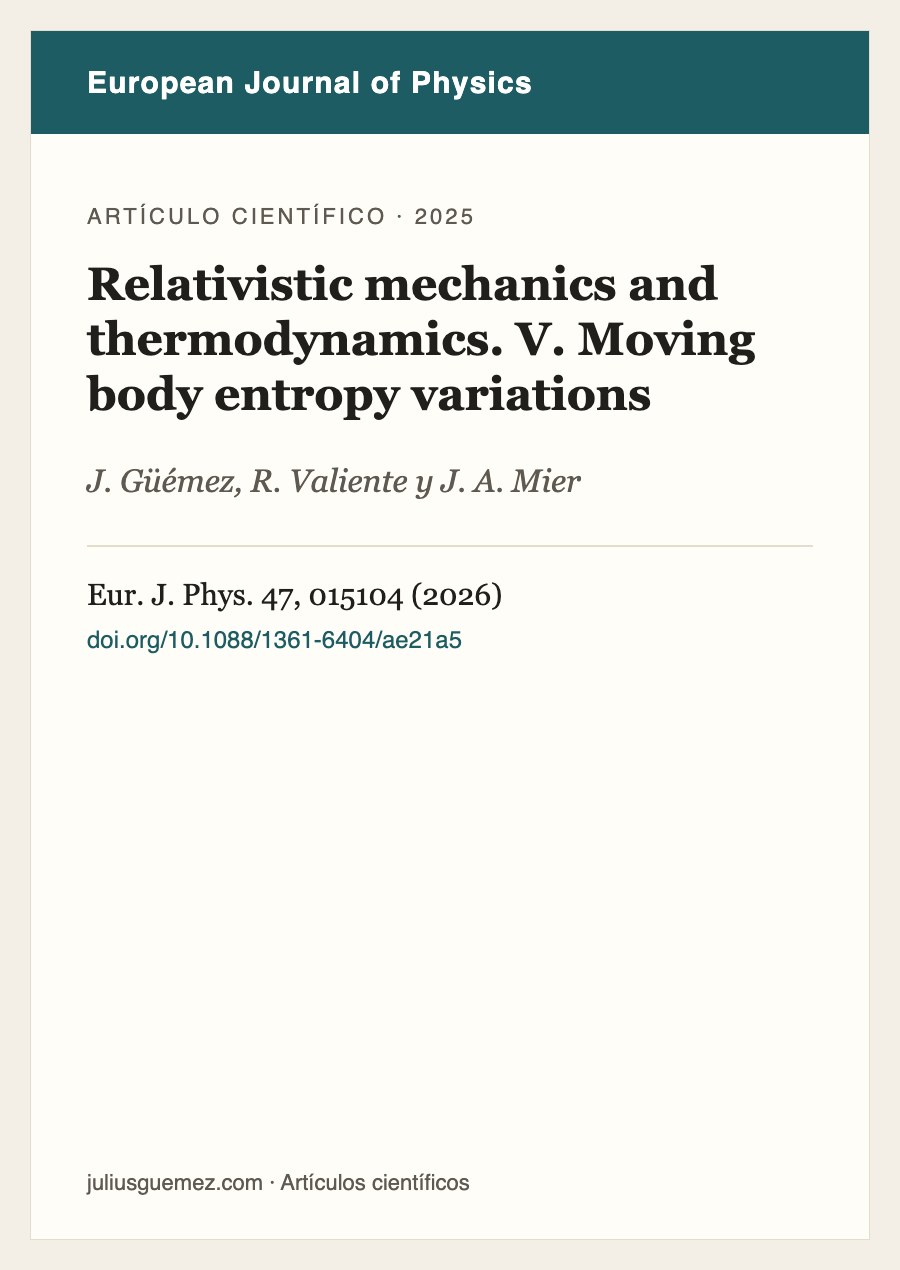 Ficha del artículo «Relativistic mechanics and thermodynamics. V. Moving body entropy variations»